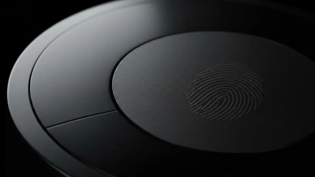 A close-up view of the black Nest thermostat's glossy surface and rotating ring, showing a subtle fingerprint smudge.