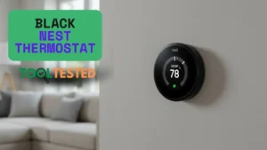 A sleek black Nest thermostat mounted on a light wall in a cozy living room, showing its modern design. Smart AI gears.