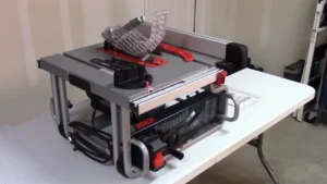 Bosch GTS1031 portable jobsite table saw on a white table in a workshop - Bosch GTS1031 review Smart AI Gears