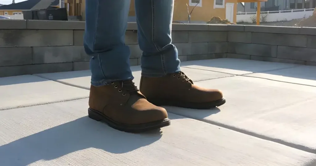 A close-up of a person wearing brown leather boots and blue jeans, standing on a sunlit concrete patio.