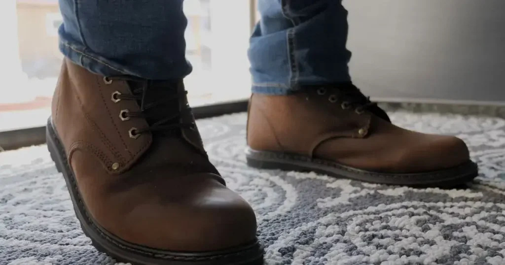 A person wearing brown leather boots and blue jeans standing on a concrete pavement outdoors.