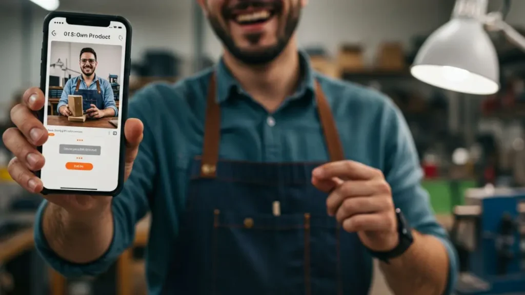 A small business owner proudly looking at a marketing video they created on their phone with an AI tool.