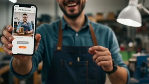 A small business owner proudly looking at a marketing video they created on their phone with an AI tool.