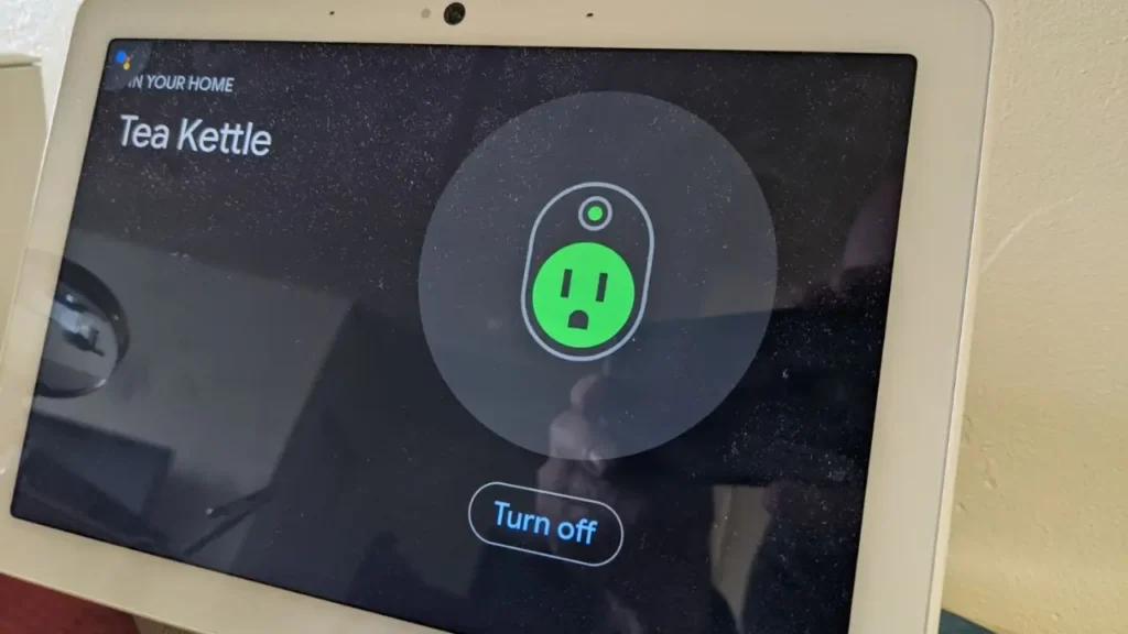 Google Nest Hub screen showing Wyze Plug icon and control.