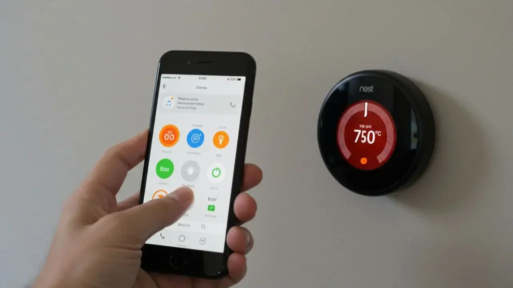 A hand holding a smartphone with the Nest app, remotely controlling a black Nest thermostat on the wall