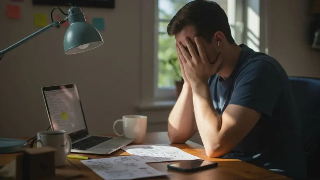 A content creator with a creative block, thinking about using an AI video generator to make videos easily - Smart AI Gears.