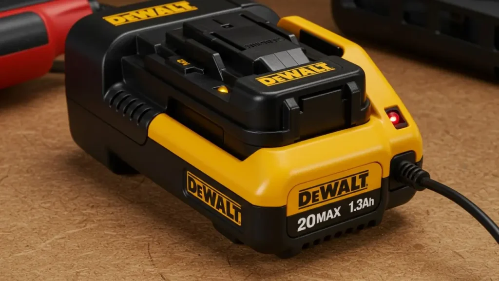 A DEWALT 1.3Ah battery being charged in its charger with the red light on.