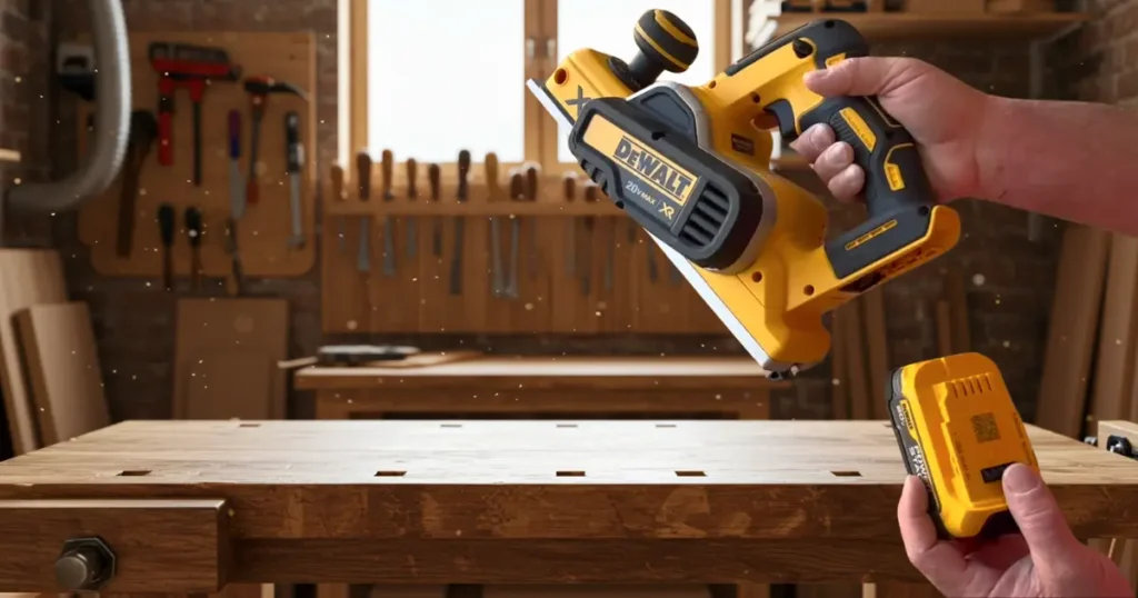 The DEWALT 20V MAX Cordless Planer (DCP580B) held by a woodworker over a traditional workbench, with a DEWALT battery separate, showcasing its readiness for woodworking projects. Smart AI gears