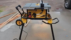 DeWalt DWE7491RS table saw on its rolling stand outdoors on concrete (Smart AI gears)