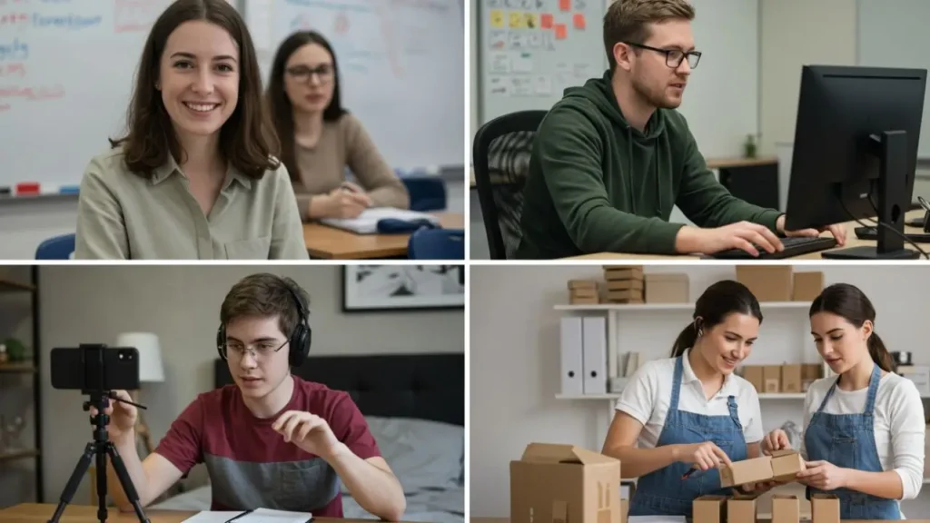 A collage showing a teacher, a marketer, a YouTuber, and a business owner who can all benefit from AI video tools.