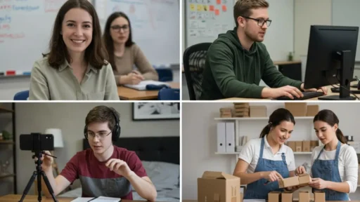 A collage showing a teacher, a marketer, a YouTuber, and a business owner who can all benefit from AI video tools.