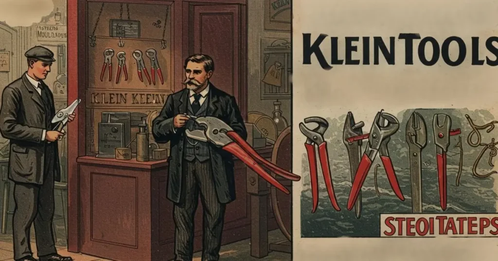 A split image featuring an illustration of a man showing pliers in a vintage tool shop on the left, and an early Klein Tools advertisement poster displaying various pliers on the right.