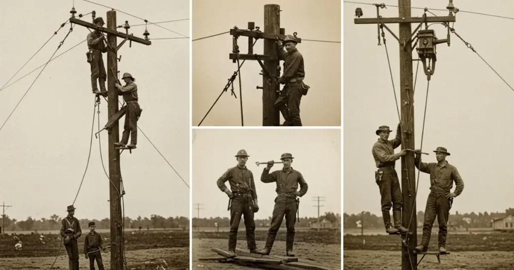 These compelling vintage photographs capture the challenging work of early linemen.