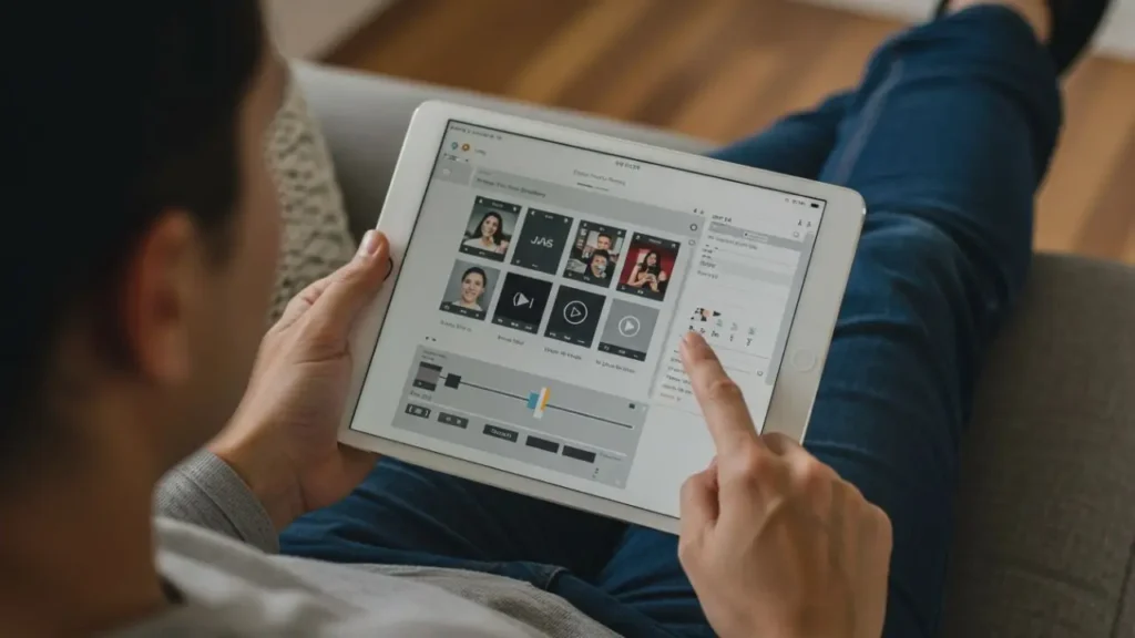 A person easily editing a video on a tablet, showing the simplicity of modern AI video editors.