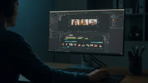 A person taking control to **edit AI video** on a timeline, a key skill taught by Smart AI Gears.