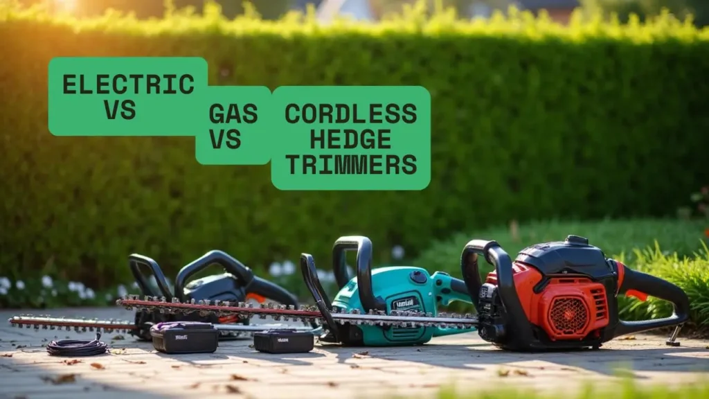 A Litheli cordless, corded electric, and gas hedge trimmer lined up, illustrating an "Electric vs Gas vs Cordless Hedge Trimmers" guide on Smart AI Gears.