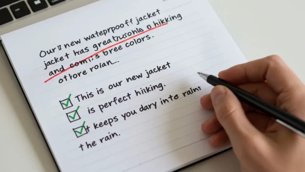 A notepad showing how to write a good AI video script by using simple sentences.