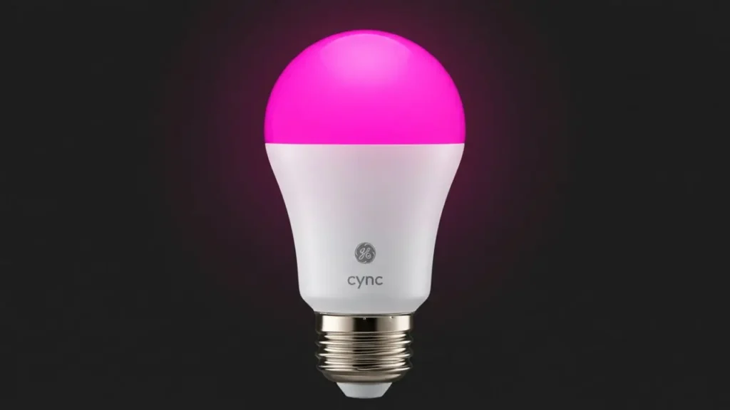 Studio shot of a single GE Cync A19 smart LED bulb, featuring 'cync' and GE branding on its white base, glowing with an intense magenta pink light against a dark grey contrasting background.