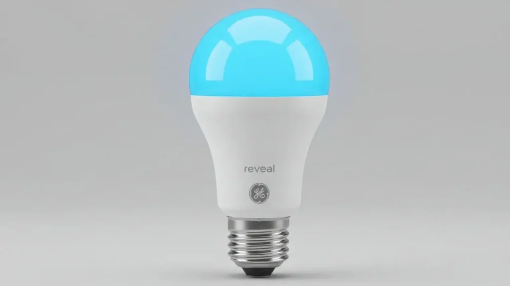 Close-up studio product shot of a single GE Cync Reveal A19 smart LED bulb, featuring its white base with 'reveal' and GE branding, illuminated with a vibrant cyan blue light against a plain light grey background.
