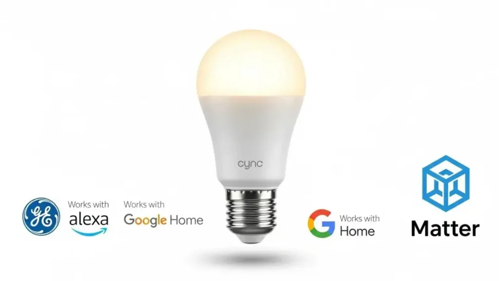 GE Cync A19 smart LED bulb glowing with soft white light, centrally displayed with official logos for GE, 'Works with Alexa,' 'Works with Google Home,' Google Home, and 'Matter' compatibility on a clean white background.