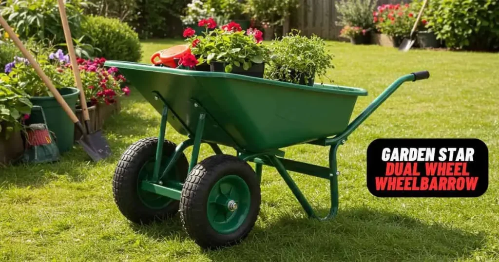 Lightweight Dual Wheel Wheelbarrow placed on a green lawn. Review by Smart AI Gears