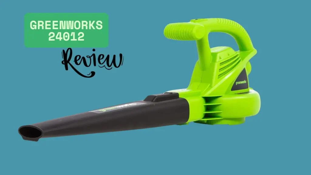 Greenworks 24012 electric leaf blower, bright green and black, with "Greenworks 24012 Review" text on a blue background. Smart AI Gears review.