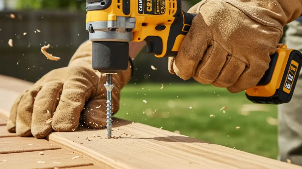 A yellow and black cordless impact driver driving a long screw into a wooden plank, with wood chips flying. Smart AI Gears.