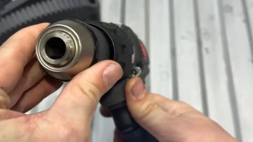 A close-up view of the all-metal 1/2-inch keyless chuck on the Ingersoll Rand D5241 drill.
