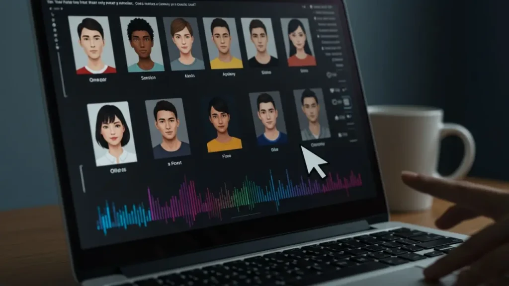 An AI software screen showing options for choosing a virtual avatar and voice for a video.