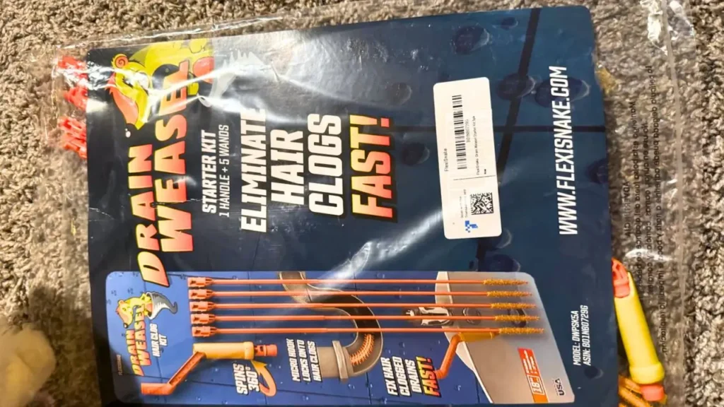 The Drain Weasel packaging detailing the product's features and its 360-degree rotating micro-hook design, which helps to effectively grab hair.