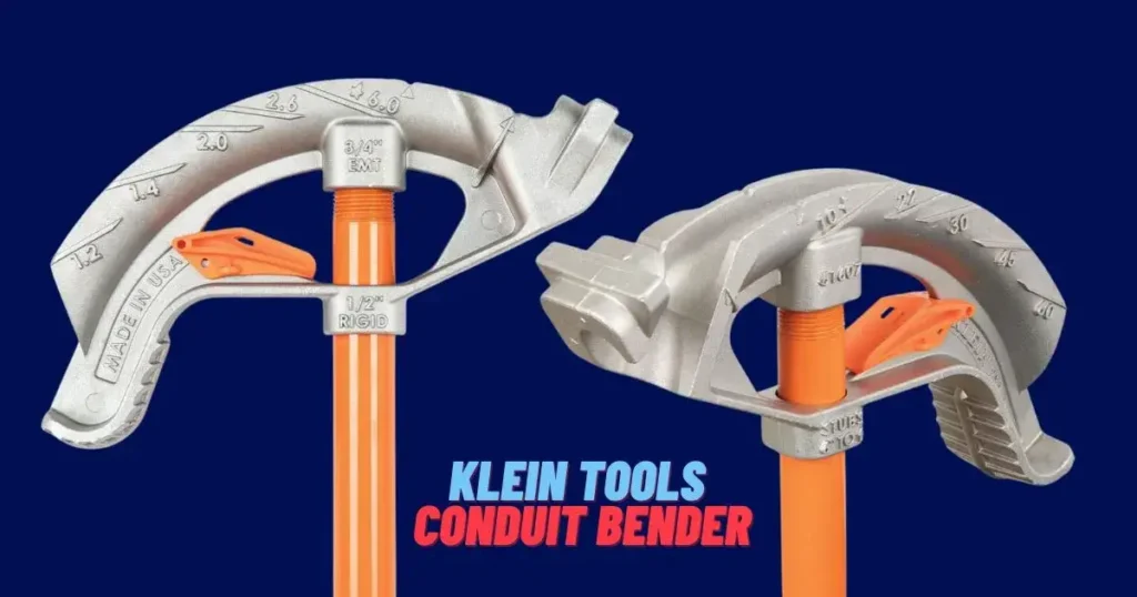 Klein Tools 51607 aluminum conduit bender with orange handles, showcasing the tool's design and compatibility with 3/4" EMT and 1/2" Rigid conduit, highlighting its professional appeal. Review at Smart AI gears