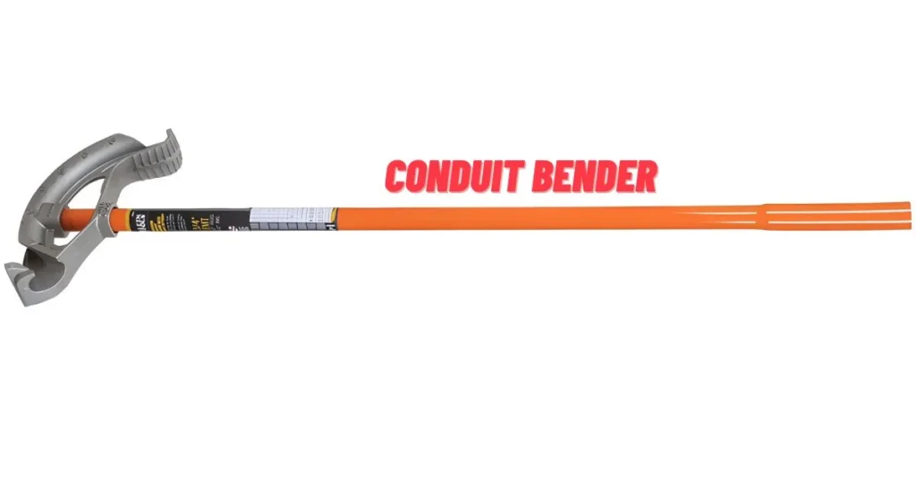 A full view of the Klein Tools 51607 3/4 inch EMT aluminum conduit bender, highlighting its reinforced aluminum head and long orange steel handle, emphasizing its professional construction.
