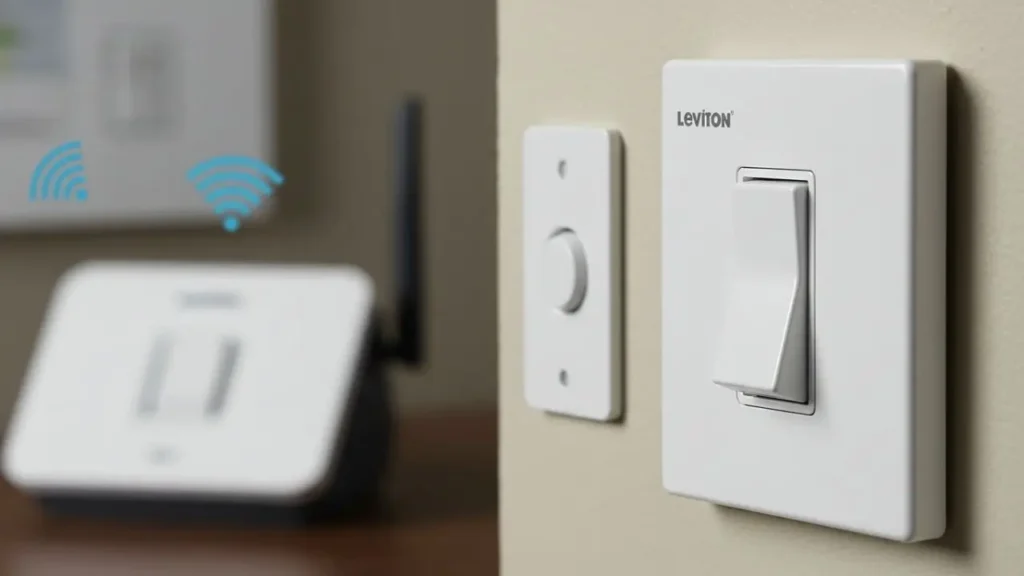 Close-up of a Leviton Z Wave Dimmer alongside a regular light switch.