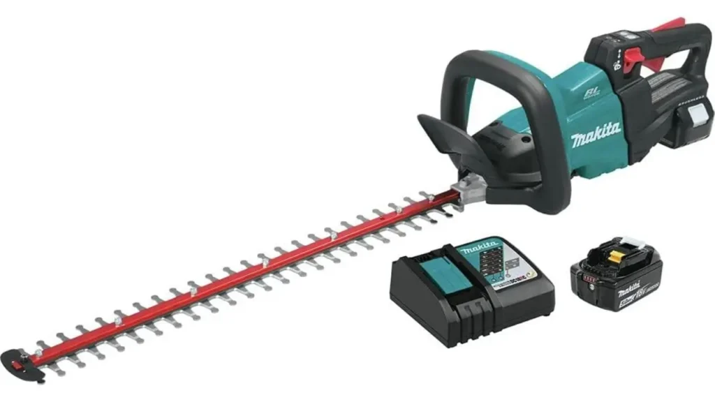 Makita XHU07T 18V LXT cordless hedge trimmer shown with its LXT battery and charger, highlighting a battery-powered option.