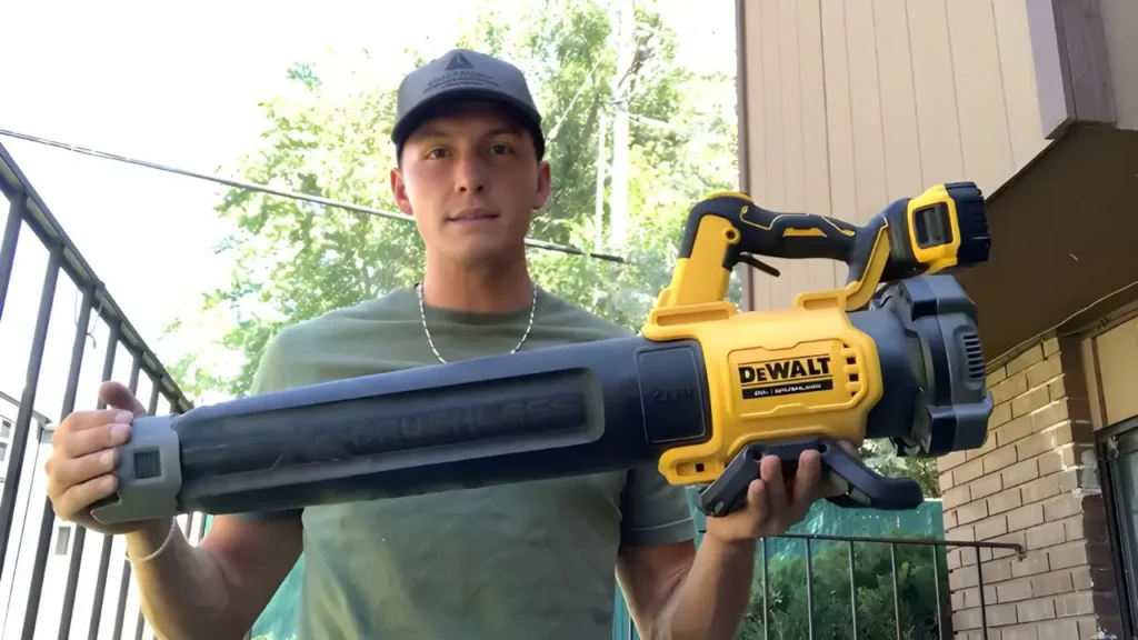 A man holding a DEWALT DCBL722B blower, reviewing it for Smart AI Gears.