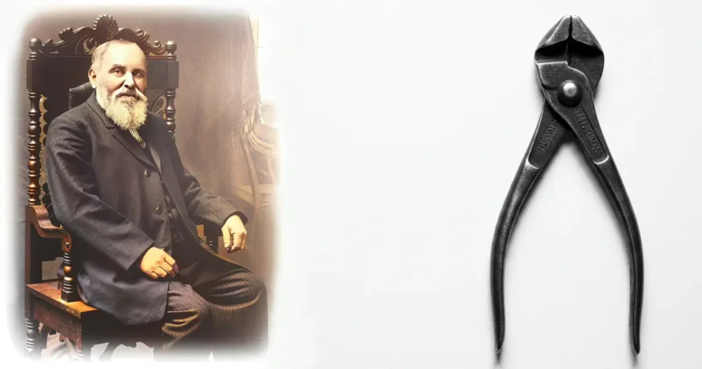 A composite image showing a portrait of Mathias Klein, the founder of Klein Tools, on the left, and an early pair of side-cutting pliers on the right, against a white background. Klein Tools History at Smart AI Gears