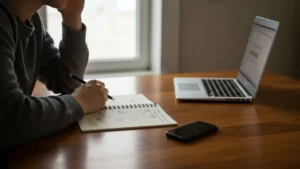 A person's hands planning an **AI video script** on a notepad, a key step from the Smart AI Gears guide.