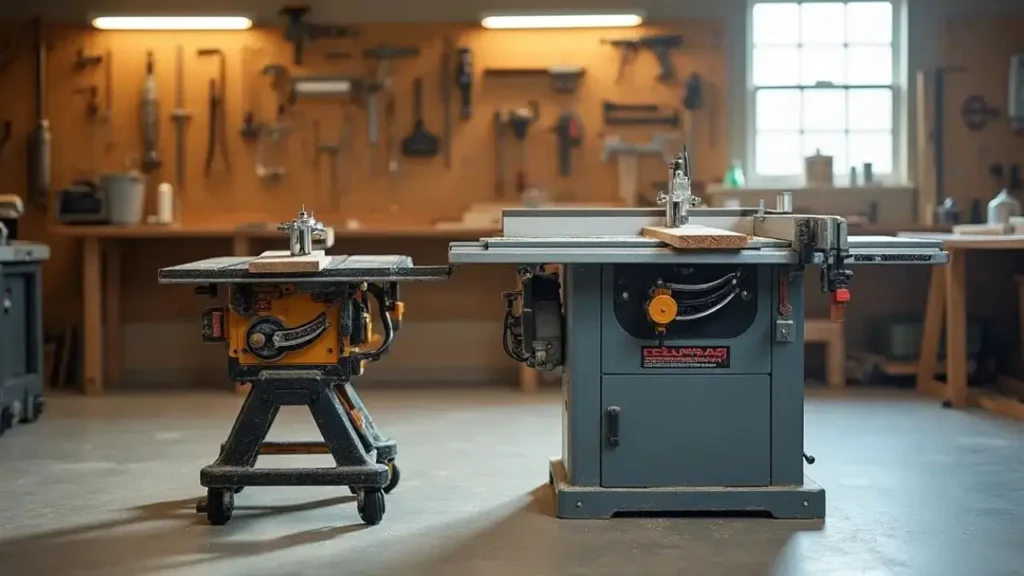 A visual comparison of a portable table saw and a stationary cabinet table saw in a home workshop, highlighting key differences for choosing between Portable vs Stationary Table Saws, Smart AI Gears.