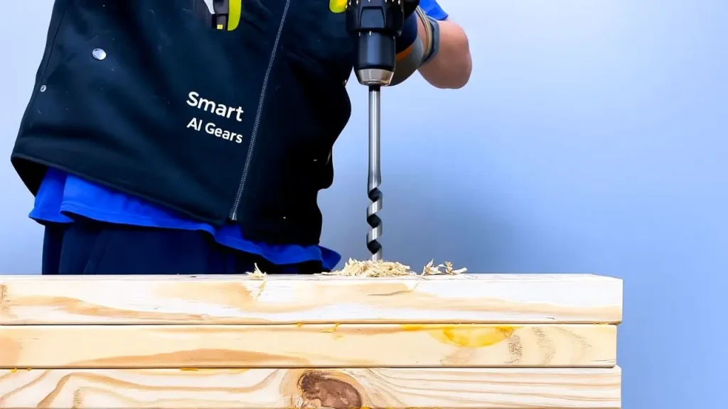 A person wearing gloves uses a yellow drill to drill into stacked wooden planks with a large drill bit.