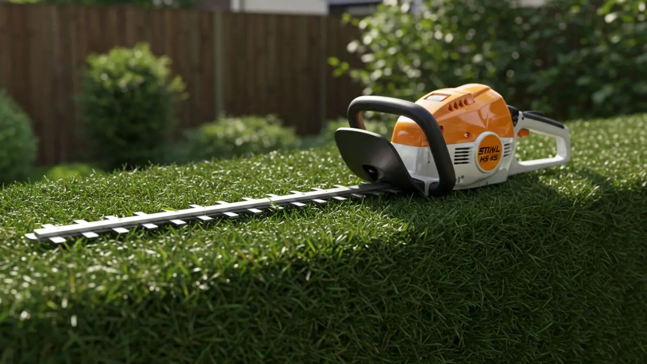 Stihl HS 45 review - The hedge trimmer resting on a green bush - Smart AI Gears