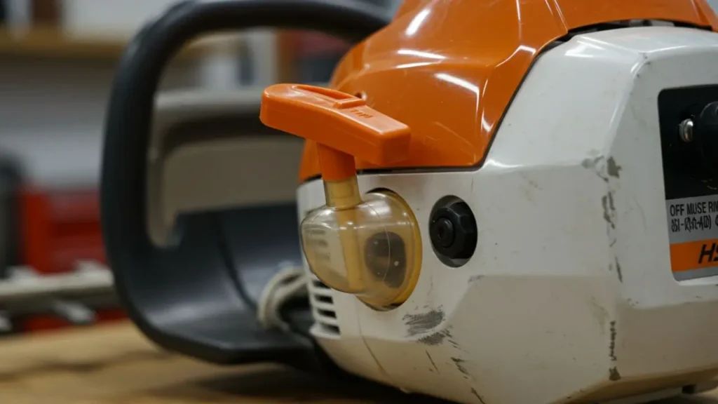 A close-up view of the Stihl HS 45 primer bulb and choke lever.