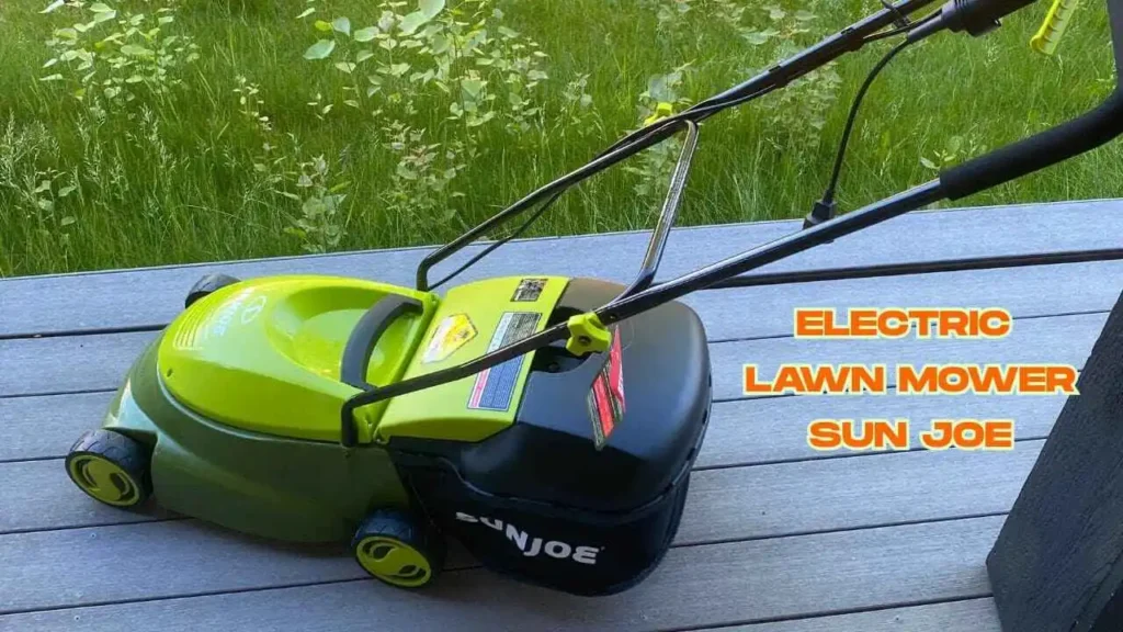 A green Electric Lawn Mower Sun Joe MJ401E shown from the side on a wooden deck - Smart AI Gears.