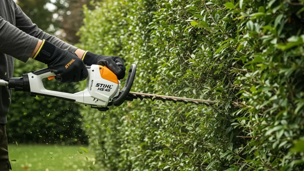 A person wearing gloves using the Stihl HS 45 to trim a garden hedge.