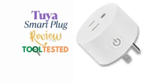 A close-up of a white Tuya Smart Plug with "Tuya Smart Plug Review Smart AI gears" text, highlighting its compact design.