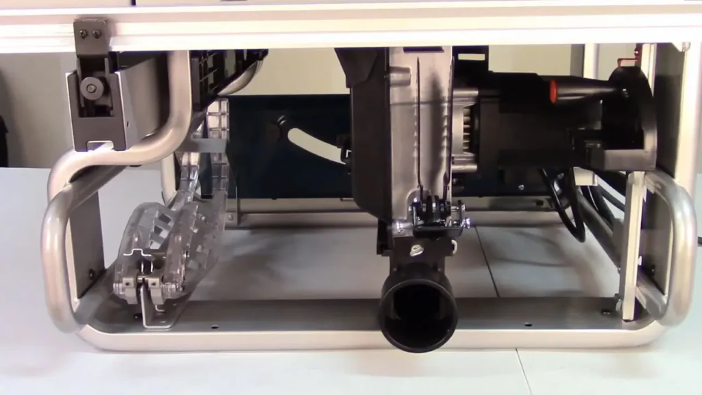 View of the Bosch GTS1031 table saw's motor and internal components from underneath.
