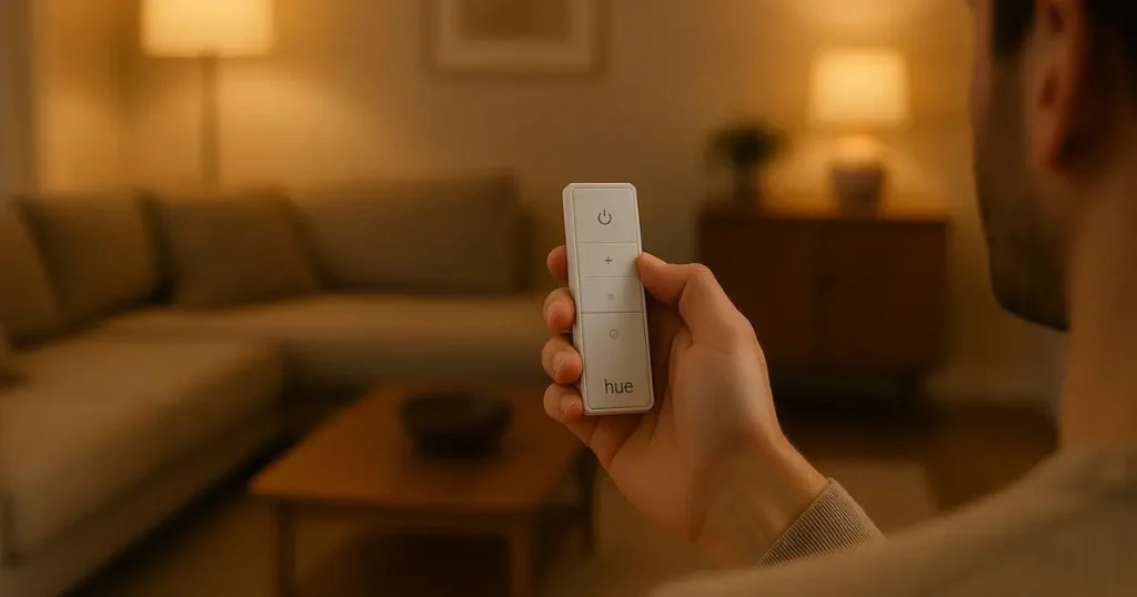 A person sitting in a room while holding the Philips Hue remote