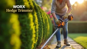A person using a WORX hedge trimmer is trimming a lush green hedge in the sunlight. Smart AI Gears