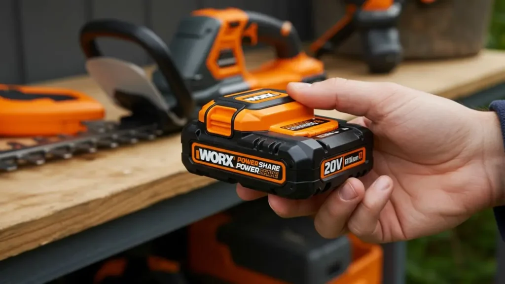 Hand holding a WORX 20V PowerShare battery for the hedge trimmer.