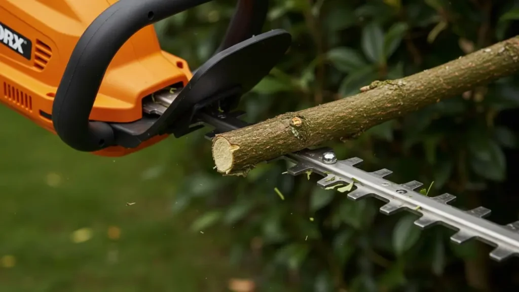 Close-up of the WORX WG261 blade cutting a 3/4-inch branch.