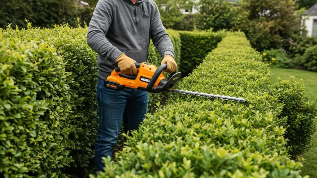 A person uses the WORX WG261 cordless hedge trimmer to trim a hedge freely in a garden.
